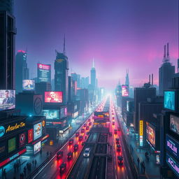 A vibrant, futuristic cityscape at night, filled with towering skyscrapers adorned with neon lights and digital advertisements