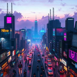 A vibrant, futuristic cityscape at night, filled with towering skyscrapers adorned with neon lights and digital advertisements