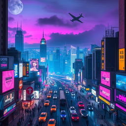 A vibrant, futuristic cityscape at night, filled with towering skyscrapers adorned with neon lights and digital advertisements