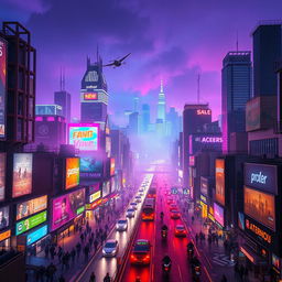 A vibrant, futuristic cityscape at night, filled with towering skyscrapers adorned with neon lights and digital advertisements