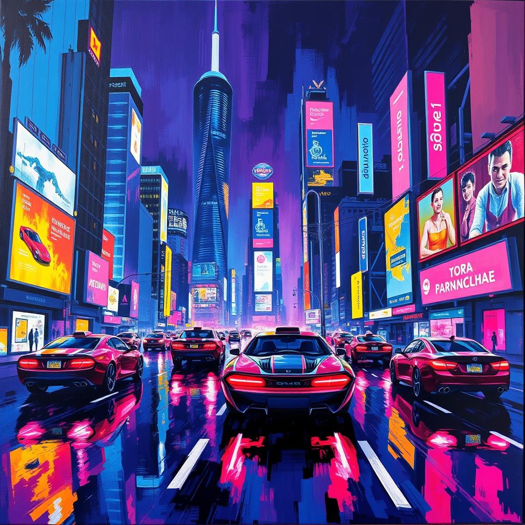 Vibrant abstract painting showcasing a futuristic cityscape with neon lights and flying cars