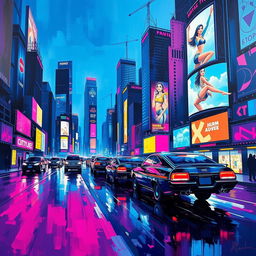 Vibrant abstract painting showcasing a futuristic cityscape with neon lights and flying cars