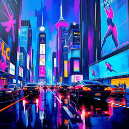 Vibrant abstract painting showcasing a futuristic cityscape with neon lights and flying cars