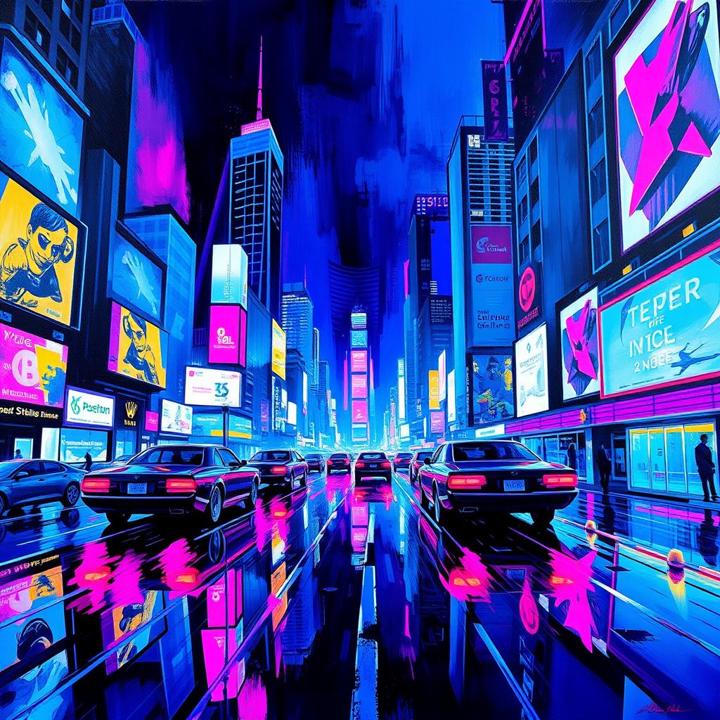 Vibrant abstract painting showcasing a futuristic cityscape with neon lights and flying cars