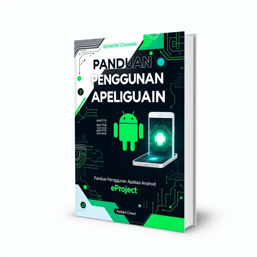 An ebook cover design for "Panduan Penggunaan Aplikasi Android eProject" featuring a sleek and modern aesthetic