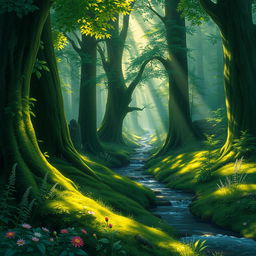 A digital painting of a serene forest scene with soft sunlight filtering through the towering trees, creating intricate patterns of light and shadow on the ground