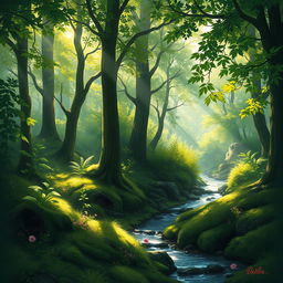 A digital painting of a serene forest scene with soft sunlight filtering through the towering trees, creating intricate patterns of light and shadow on the ground