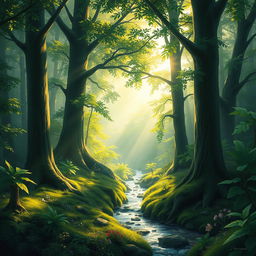 A digital painting of a serene forest scene with soft sunlight filtering through the towering trees, creating intricate patterns of light and shadow on the ground