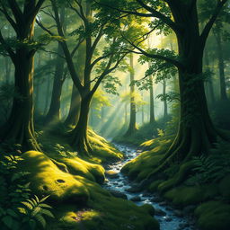 A digital painting of a serene forest scene with soft sunlight filtering through the towering trees, creating intricate patterns of light and shadow on the ground