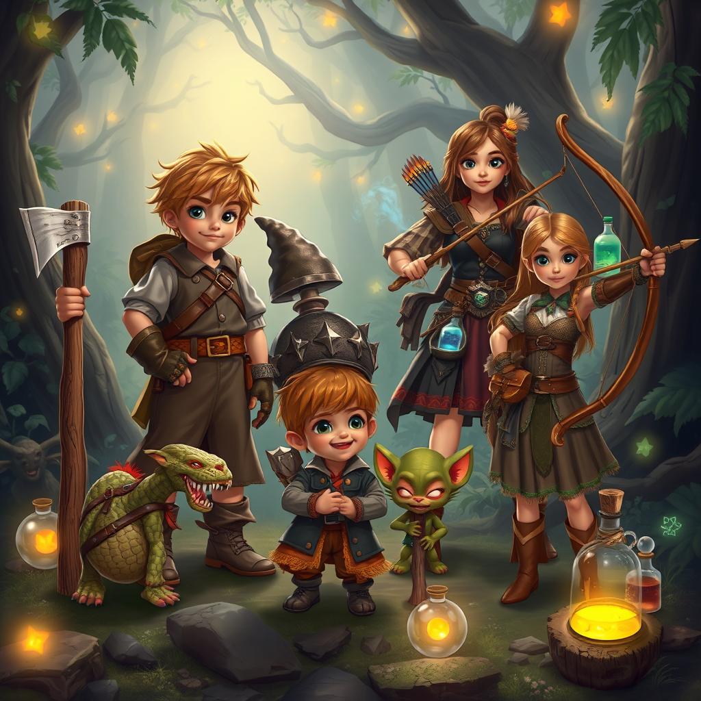 A fantastical scene featuring a young woodcutter boy, dressed in rustic attire with an axe over his shoulder, standing beside a wizard boy wearing a flowing robe and holding a staff