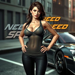 A character resembling Mia from Need for Speed Most Wanted standing confidently near a sleek car