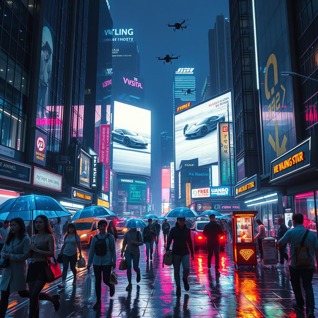 A futuristic cyberpunk city street at night, where neon lights illuminate the bustling scene