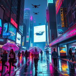 A futuristic cyberpunk city street at night, where neon lights illuminate the bustling scene