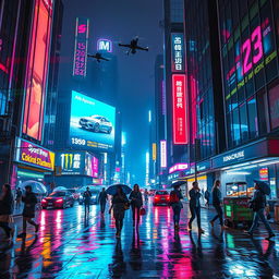 A futuristic cyberpunk city street at night, where neon lights illuminate the bustling scene