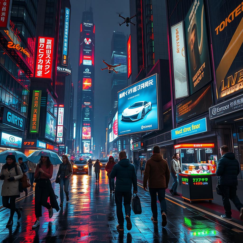 A futuristic cyberpunk city street at night, where neon lights illuminate the bustling scene