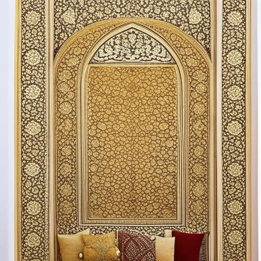 A traditional Iranian-designed bedroom with intricate patterns and rich, warm colors.