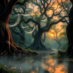 A mystical forest at dusk, where ethereal wisps of light float gently through the air, creating an enchanting atmosphere