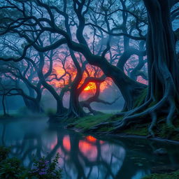 A mystical forest at dusk, where ethereal wisps of light float gently through the air, creating an enchanting atmosphere