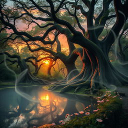 A mystical forest at dusk, where ethereal wisps of light float gently through the air, creating an enchanting atmosphere