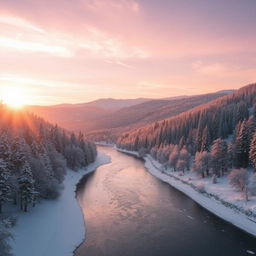 A serene valley landscape during winter, with snow-covered trees lining both sides of a frozen river