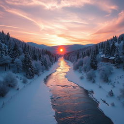 A serene valley landscape during winter, with snow-covered trees lining both sides of a frozen river