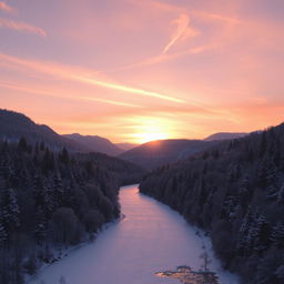 A serene valley landscape during winter, with snow-covered trees lining both sides of a frozen river