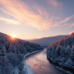 A serene valley landscape during winter, with snow-covered trees lining both sides of a frozen river