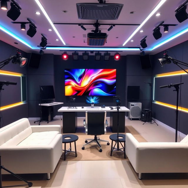 modern live streaming setup with state-of-the-art technology, featuring dynamic lighting and acoustic panels for sound quality