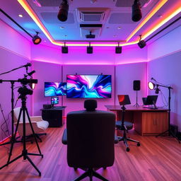 modern live streaming setup with state-of-the-art technology, featuring dynamic lighting and acoustic panels for sound quality