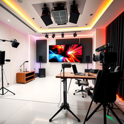 modern live streaming setup with state-of-the-art technology, featuring dynamic lighting and acoustic panels for sound quality