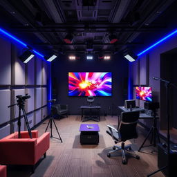 modern live streaming setup with state-of-the-art technology, featuring dynamic lighting and acoustic panels for sound quality