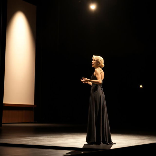 A beautiful actress standing on an empty stage, delivering a powerful monologue