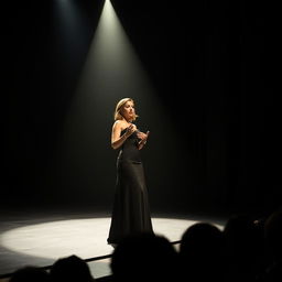 A beautiful actress standing on an empty stage, delivering a powerful monologue