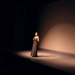 A beautiful actress standing on an empty stage, delivering a powerful monologue