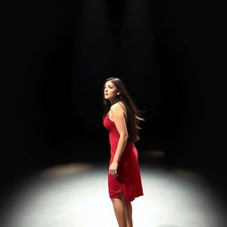 A beautiful actress with long, flowing black hair, standing on an empty stage, delivering a powerful monologue with a look of fear on her face