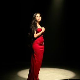 A beautiful actress with long, flowing black hair, standing on an empty stage, delivering a powerful monologue with a look of fear on her face