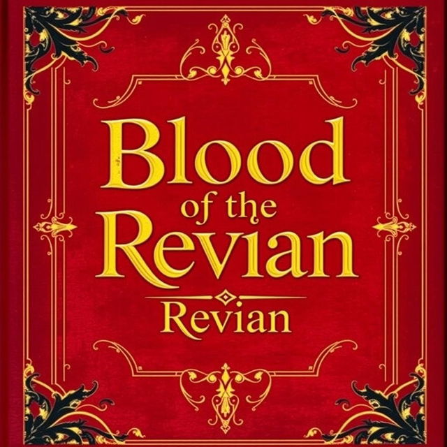 A fantasy book cover with a dark red background, adorned with gold borders