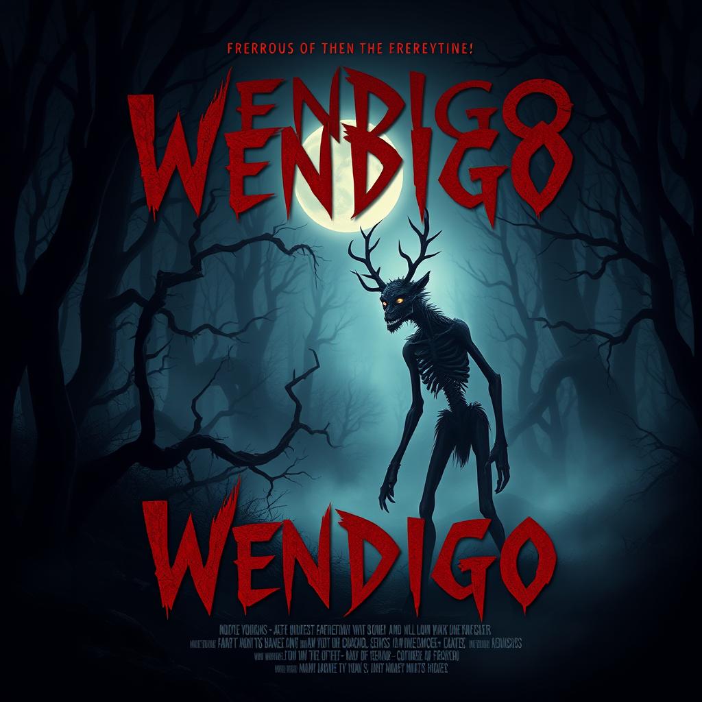 A terrifying horror movie poster featuring a wendigo in a dark, eerie forest setting