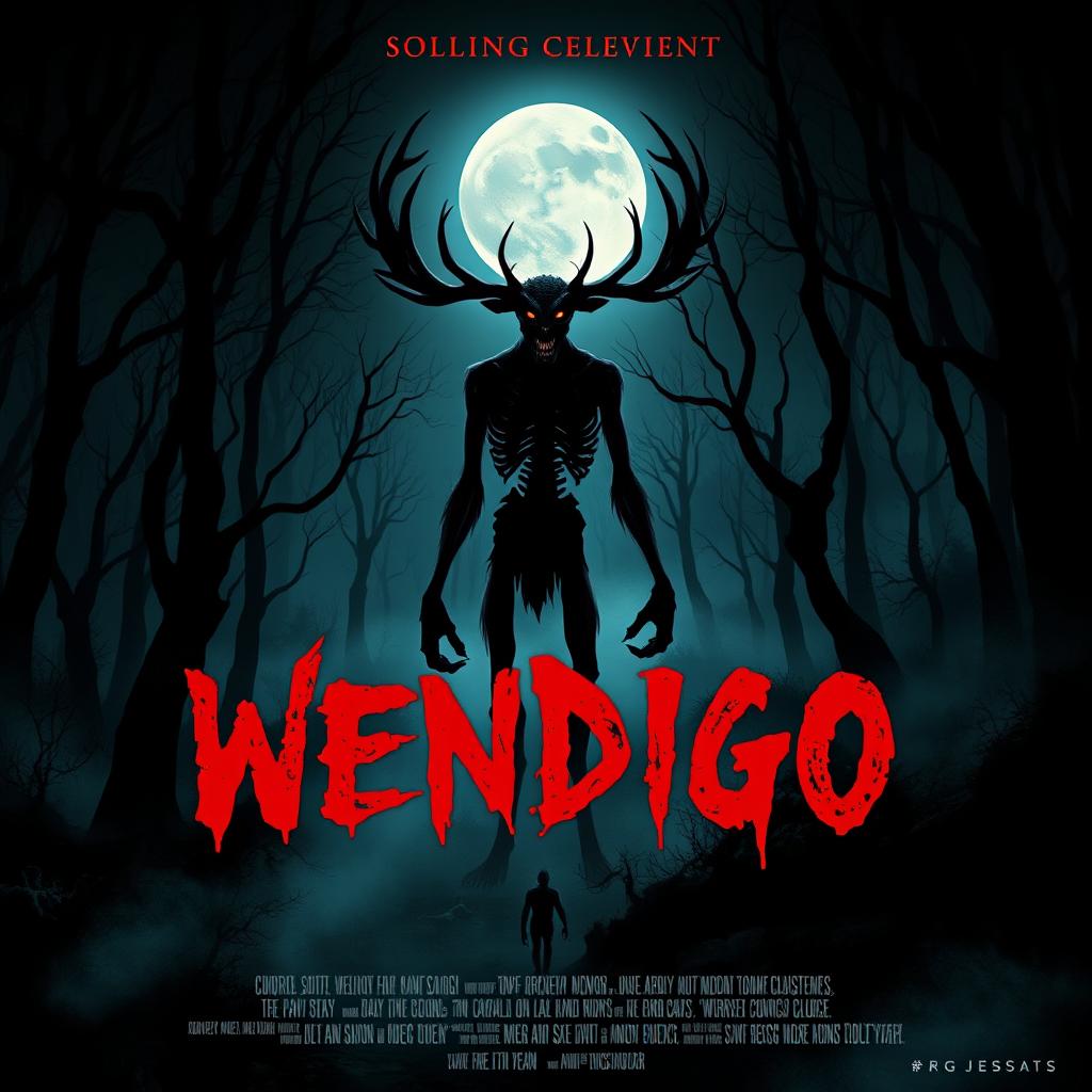 A terrifying horror movie poster featuring a wendigo in a dark, eerie forest setting