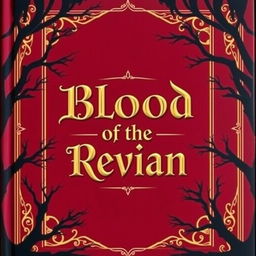 A fantasy book cover with a dark red background, featuring elegant gold borders