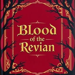 A fantasy book cover with a dark red background, featuring elegant gold borders