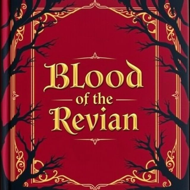 A fantasy book cover with a dark red background, featuring elegant gold borders