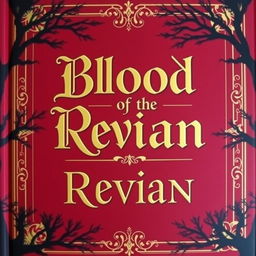 A fantasy book cover with a dark red background, featuring elegant gold borders