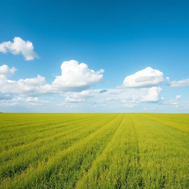 A wide open field under a clear blue sky, with occasional fluffy white clouds casting gentle shadows on the vibrant green grass