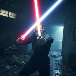 A dark and intense scene depicting a man wielding a lightsaber, showcasing his immense power and control