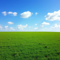 A wide open field under a clear blue sky, with occasional fluffy white clouds casting gentle shadows on the vibrant green grass