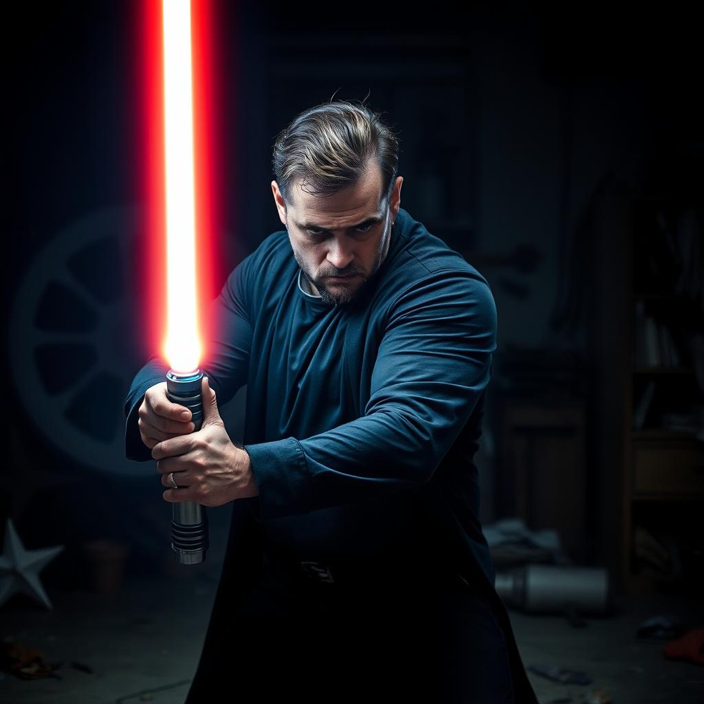 A dark and intense scene depicting a man wielding a lightsaber, showcasing his immense power and control