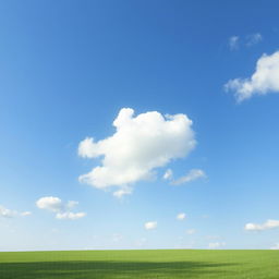 A wide open field under a clear blue sky, with occasional fluffy white clouds casting gentle shadows on the vibrant green grass