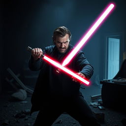 A dark and intense scene depicting a man wielding a lightsaber, showcasing his immense power and control