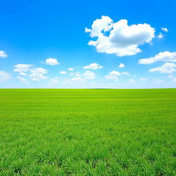 A wide open field under a clear blue sky, with occasional fluffy white clouds casting gentle shadows on the vibrant green grass